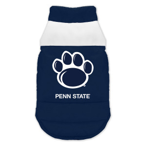 pet parka puff vest with paw print above Penn State